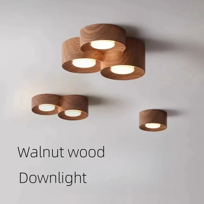 LED ceiling spotlights with walnut wood finish, surface mounted downlights.