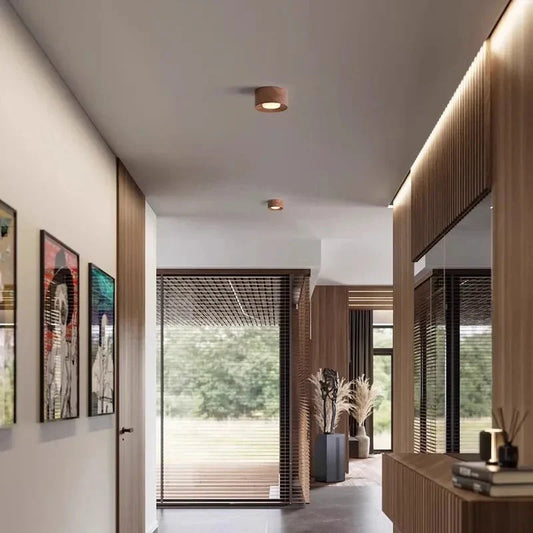 Surface mounted TRIOMA™ LED ceiling spotlights in walnut finish.