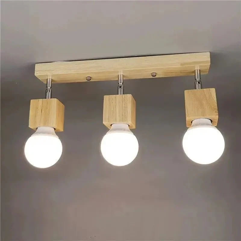 wooden ceiling light with three rotatable LED bulbs for dining room