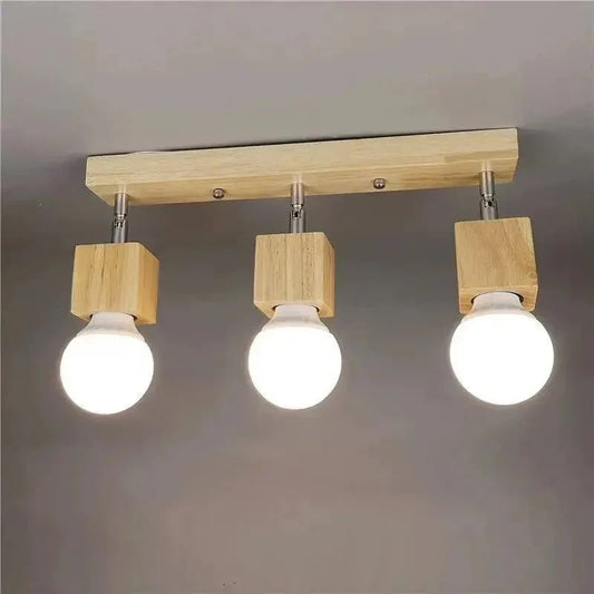 wooden ceiling light with three rotatable LED bulbs for dining room